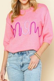 Pink Mom Letter Pattern Short Puff Sleeve Sweater (size: (US 16-18)XL)