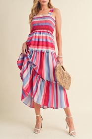 Red Stripe Ruffled Straps Smocked Tiered Midi Dress (size: (US 16-18)XL)