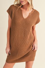 Camel V Neck Loose Fit Mini Knitted Dress (size: (US 16-18)XL)