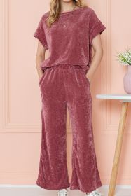 Rose Pink Mineral Wash Corduroy Short Sleeve Top and Crop Pants Set (size: (US 16-18)XL)