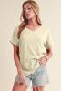 Apricot Solid Color Crinkled V Neck T Shirt