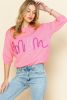 Pink Mom Letter Pattern Short Puff Sleeve Sweater