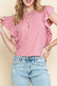 Pink Ruffle Sleeve Crewneck Ribbed Crop Top (size: (US 8-10)M)