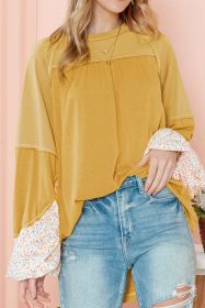 Beige Floral Splicing Lantern Sleeve Patchwork Blouse (size: (US 16-18)XL)