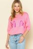 Pink Mom Letter Pattern Short Puff Sleeve Sweater