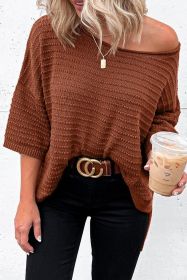 Brown Solid Color Rib-Knit Drop Sleeve Side Slits Top (size: (US 4-6)S)