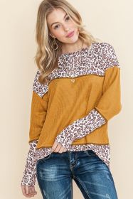 Orange Leopard Print Waffle Knit Patchwork Top (size: (US 16-18)XL)