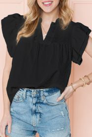 Black Basic Textured V Neck Tiered Ruffle Sleeve Blouse (size: (US 4-6)S)