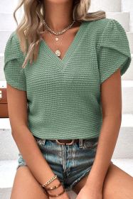 Mist Green Tulip Sleeve Waffle Knit V Neck T-Shirt (size: (US 16-18)XL)