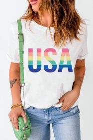 White Casual Colorful USA Letter Graphic Crewneck T Shirt (size: (US 4-6)S)