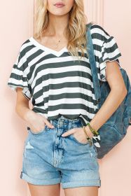 Sea Green Striped V Neck Ruffle Sleeve Top (size: (US 16-18)XL)
