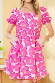 Rose 60s Floral Print Puff Sleeve Babydoll Short Dress (size: (US 16-18)XL)