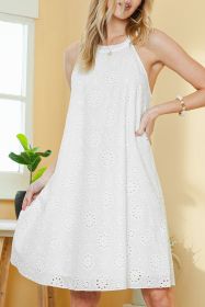 White Lace Eyelet Sleeveless O-Neck Keyhole Back Mini Dress (size: (US 16-18)XL)