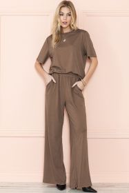 Smoke Gray Solid Color T-Shirt and Wide Leg Pants Set (size: (US 16-18)XL)
