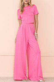 Strawberry Pink Plain Slim Fit Crop Top And Wide Leg Pants Set (size: (US 16-18)XL)