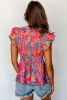 Rose Red Boho Floral Frill V Neck Smocked Peplum Blouse