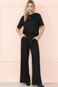 Black Solid Color T-Shirt and Wide Leg Pants Set (size: (US 16-18)XL)