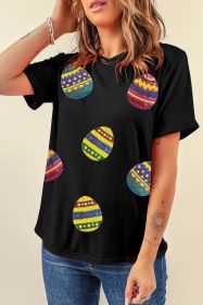 Black Easter Sequin Eggs Graphic Round Neck T Shirt (size: (US 12-14)L)