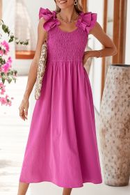 Rose Red Crinkled Ruffle Strap Smocked Midi Dress (size: (US 4-6)S)