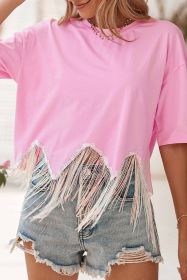 Pink Casual Fringe Sequin Hem Cropped T Shirt (size: (US 4-6)S)