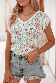 White Boho Floral Print Fringe Shoulder Sleeveless Shirt (size: (US 4-6)S)