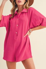 Bright Pink Plain Half Button Collared Pocket Loose Romper (size: (US 4-6)S)