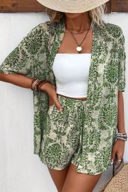 Green Floral Open Front Shirt and Drawstring Shorts Set (size: (US 16-18)XL)