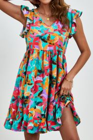 Green Leaf Print V Neck Fluttter Sleeveless Short Dress (size: (US 16-18)XL)