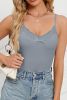 Medium Grey Lace Splicing V Neck Spaghetti Strap Ribbed Cami Top