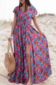 Blue Boho Floral Print V Neck Wrap Split Maxi Dress (size: (US 16-18)XL)