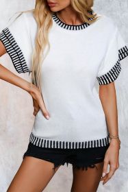 White Contrast Trim Round Neck Batwing Sleeve Knitted T Shirt (size: (US 4-6)S)