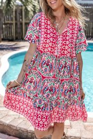 Pink Bohemian Tie Neck Flounce Sleeve Ruffle Hem Mini Dress (size: (US 16-18)XL)