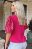 Rose Red Bow Tie Graphic Sequin Contrast Sleeve T Shirt