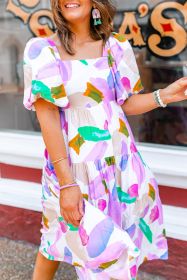 Purple Abstract Print Puff Sleeve Smocked Back Midi Dress (size: (US 16-18)XL)