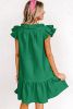 Blackish Green Flutter Shoulder Textured Checked Mini Dress