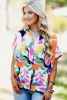Multicolour Abstract Leaf Print Button Up Short Sleeve Blouse