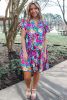 Green Colorful Floral Print V Neck Frill Tiered Dress