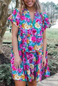 Green Colorful Floral Print V Neck Frill Tiered Dress (size: (US 16-18)XL)