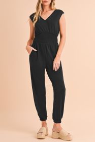 Black Shirred High Waist V Neck Sleeveless Jumpsuit (size: (US 16-18)XL)