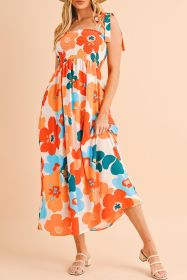 Orange 60s Floral Printed Shoulder Tie Smocked Maxi Dress (size: (US 16-18)XL)