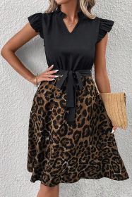 Black Leopard Print Flutter Sleeve Bow Belted Dress (size: (US 16-18)XL)