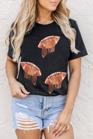 Black Sequin Fringed Rugby Graphic T Shirt (size: (US 4-6)S)