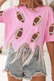 Pink Sequined Rugby Fringe Hem Cropped T Shirt (size: (US 16-18)XL)