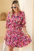 Rose Red Floral Print Drawstring Waist V Neck Mini Dress