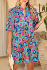 Green Waterclolor Print Bubble Sleeve Frilled V Neck Mini Ruffle Dress (size: (US 16-18)XL)