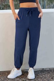 Navy Blue Plain Fleece Lined Drawstring Waist Joggers (size: (US 8-10)M)