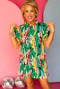 Green Abstract Print Frill Neck Ruffled Sleeve Mini Dress