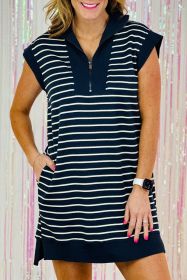 Navy Blue Striped Quarter Zip Collar Cap Sleeve Mini Dress (size: (US 16-18)XL)