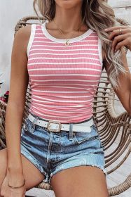 Pink Stripe Contrast Trim Sleeveless Ribbed Slim Top (size: (US 16-18)XL)