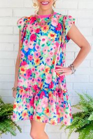 Multicolour Vibrant Floral Print Cap Sleeve Frill Dress (size: (US 16-18)XL)